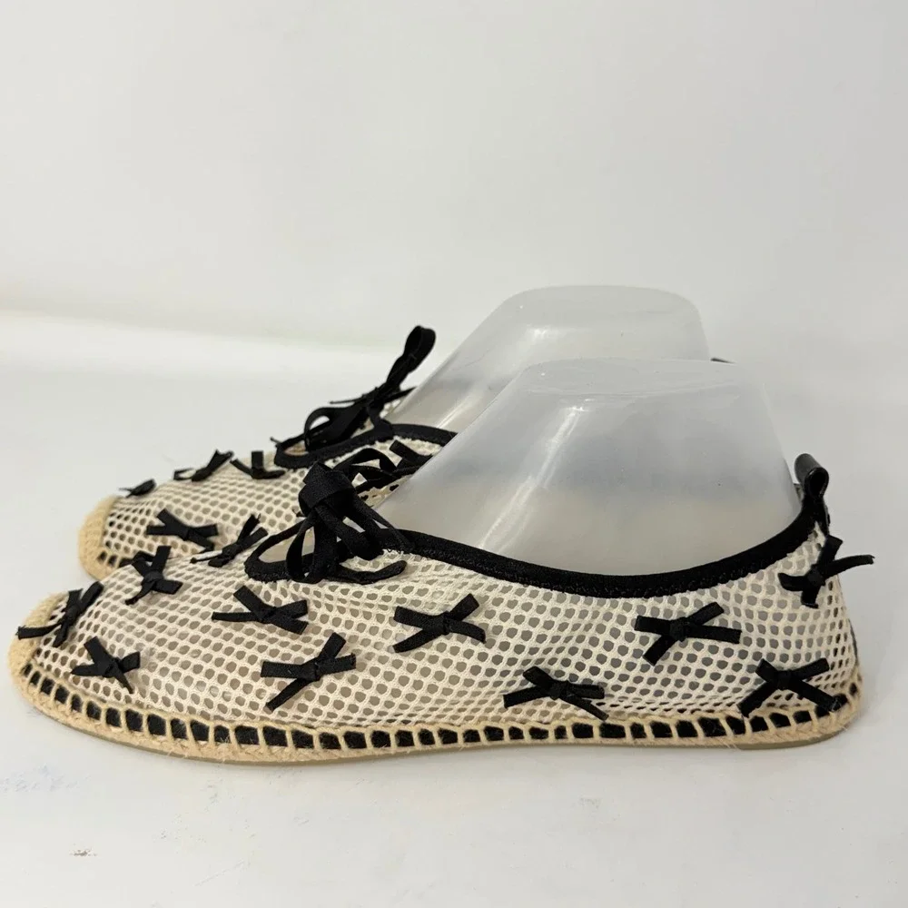 Tory Burch Mesh Bow Espadrille Flats Cream Black Womens 9M Slip On Shoes